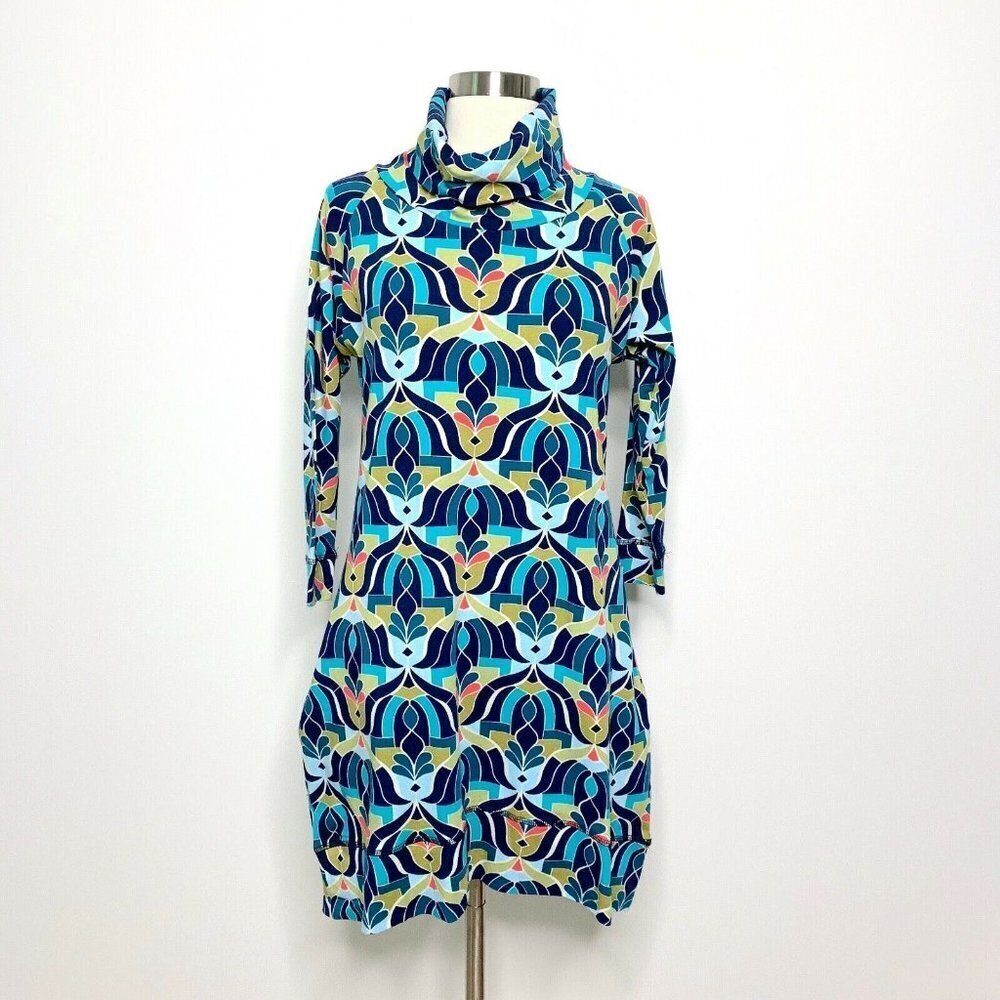 ALL FOR COLOR Dress Women Large Abstract Print Turtleneck Hi Lo Hem Pockets NWT